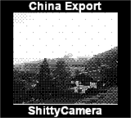 A dithered greyscale picture of a few trees and a house