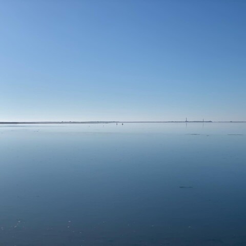 Une fine ligne à l’horizon entre un ciel bleu et la mer bleue