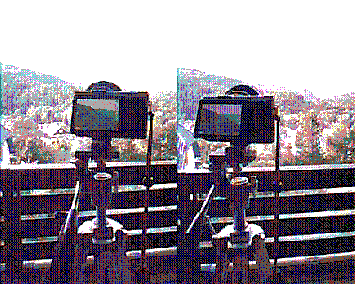 16-color dithered stereo image of a camera standing on a balcony