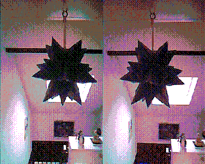 16-color dithered stereo image of a decorative star hanging from the ceiling