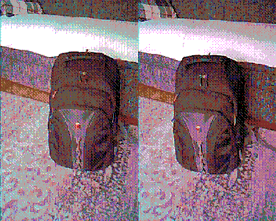 16-color dithered stereo image of a backpack standing in front of a couch