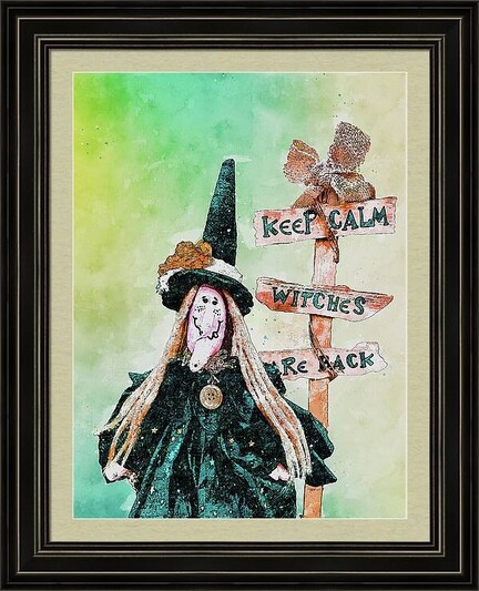 Witch with black hat and green black costume standing by a sign saying "keep calm witches are back". Green watercolor background 
