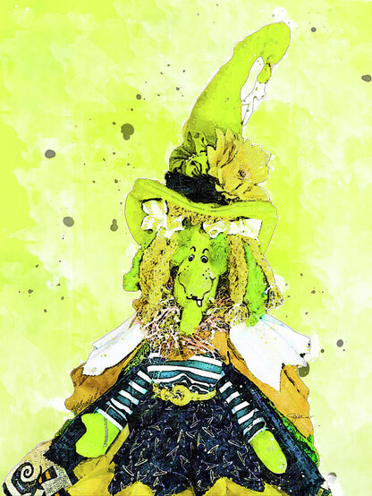Green and Black Witch abstract character painting on lime green watercolor background