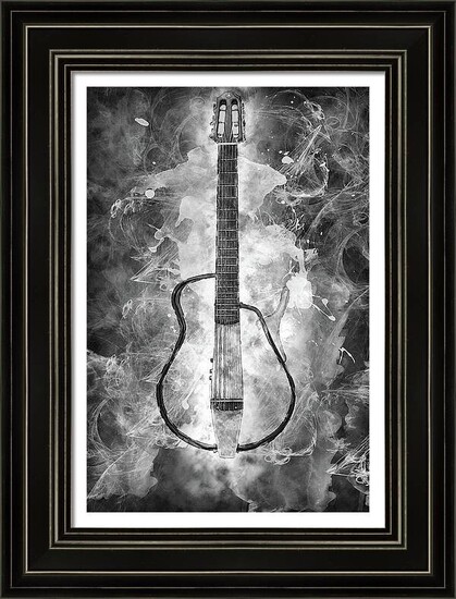 Black and White Original photograph of an air guitar digitally altered to achieve final artistic product