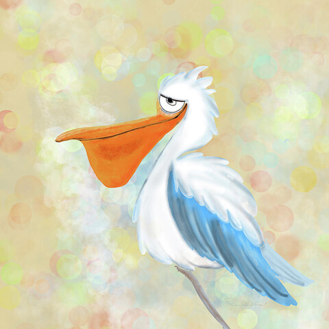 Colorful watercolor painting of a cute pelican on yellow bokeh background 