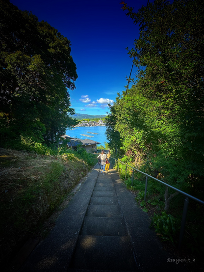A girl carrying her suitcase and going down on stairs to the cottage by the ocean