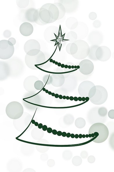 Holiday Christmas tree line art with white background and green bokeh