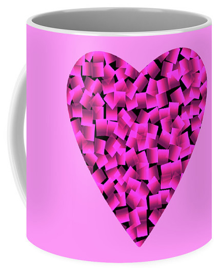 A light pink mug with a heart in the middle that consists of many abstract quadrangles in a darker pink color.