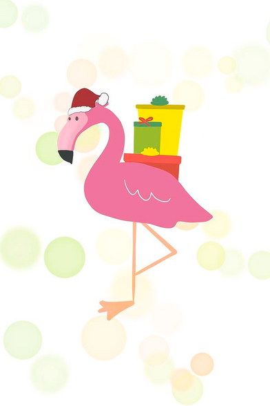 Pink flamingo wearing a Christmas hat and carrying gifts illustration with pastel bokeh on white background 