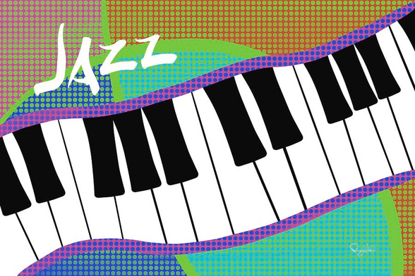 Colorful abstract keyboard illustration with the word Jazz in white