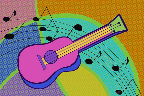Colorful illustration of an acoustic guitar pink blue green purple
