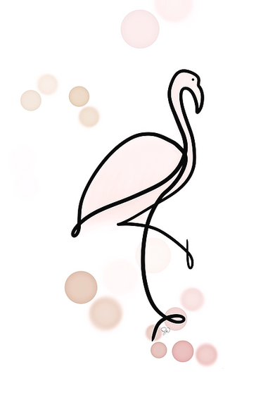 Black Line art flamingo with pink water color and bokeh on white background 