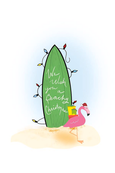 Colorful illustration of a flamingo walking on the beach carrying presents on back with a green surfboard decorated with Christmas lights and the greeting "have a beachy Christmas '