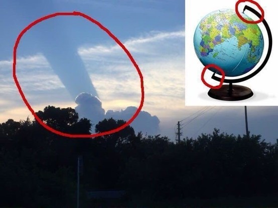 Ein Photo von einer Windhose, die wie eine Säule von den Wolken auf die Erde geht … zusammen mit dem Foto eines Globus, der via zwei Achsen (Säulen) am Gestell aufgehängt ist. Eindeutige Evidenz …!