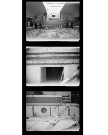 three black and white photos of an abandoned pool. 1 view of pool along it's length with art deco features. 2 close up of gents showers sign 3 standing in the pool, looking at the steps and viewing portal