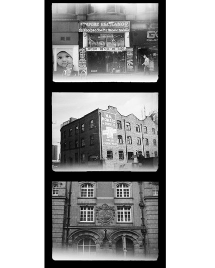 3 black and white photos. a shop front, an old sign on a renovated factory, and old fire station