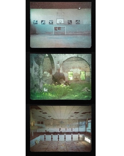 triptych of photos. a sports hall, a church ruin, a swimming pool