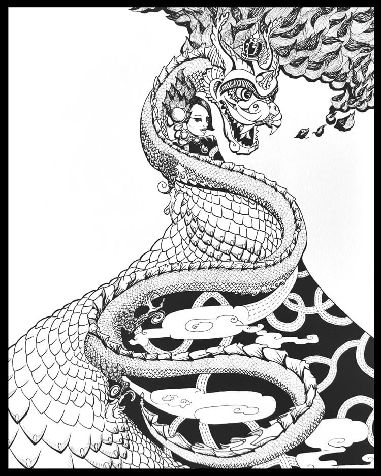 A black and white drawing of a woman and a dragon.