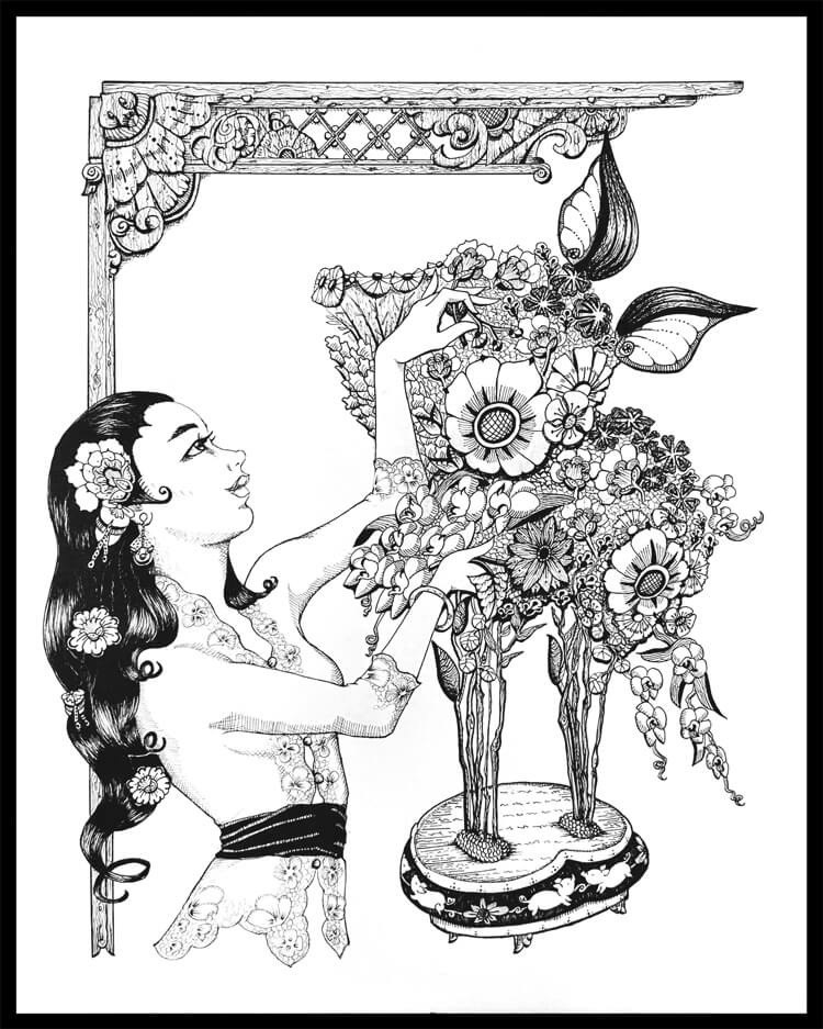 A black and white drawing of a woman arranging flowers. From a distance, the flowers take on the shape of a pig.