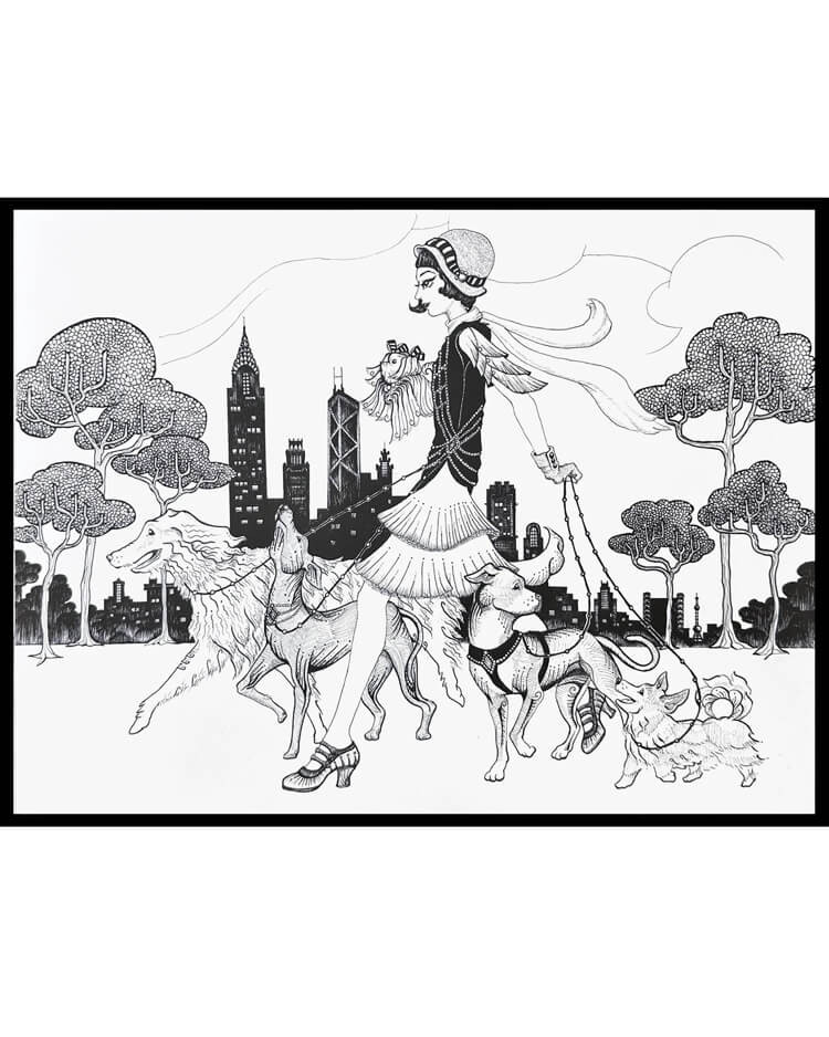 A black and white drawing of a woman in a city walking four dogs.
