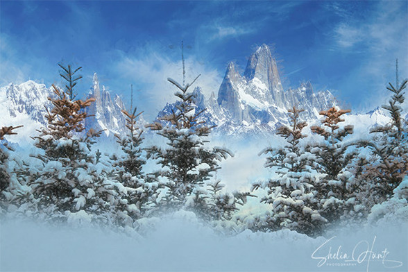 Composite image, primarily blue and white, showcasing the Blue Ridge Mountains after a heavy snowstorm, with majestic mountain peaks in background.   From the Fine Art Gallery of Shelia Hunt.