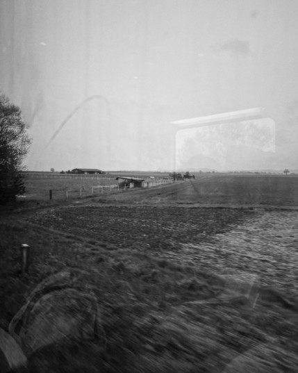 Blick aus dem Zugfenster auf eine schwarz weiße Landschaft. In der Ferne sieht man den pfälzer  Wald. 