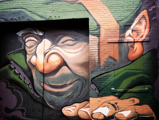 Street art mural of a caricatured face divided by a corner wall, with colorful and exaggerated features.