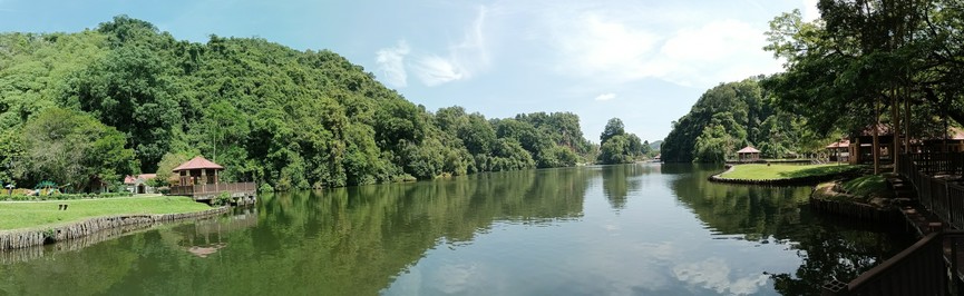 A panoramic shot of the park, showing the lake in the middle with grenery surround it on the edge of the lake. Shelter spots are found on the shore on both the left and right side of the image.