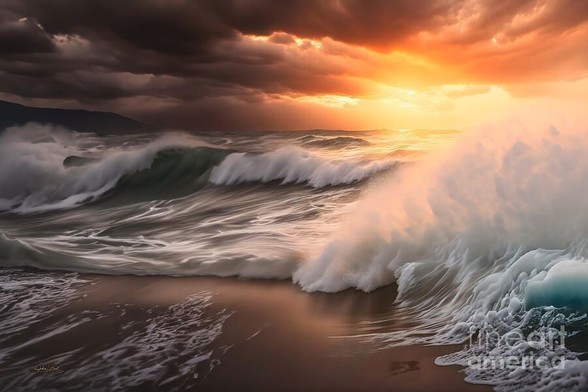 Golden sunrise off the coast of Maine with massive waves crashing in with beautiful sunlight in background. From the Fine Art Gallery of Shelia Hunt.