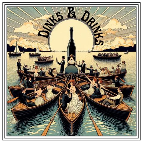 AI generated image of people in tuxedos and dresses in canoes near a giant champagne bottle in old illustration style are with a sunset in the background saying dinks and drinks overhead