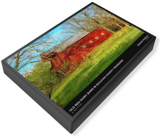 Jigsaw Puzzle, "Old Red Barn" in the Appalachians. Red barn, green grass, blue sky in spring. From the Fine Art Gallery of Shelia Hunt.