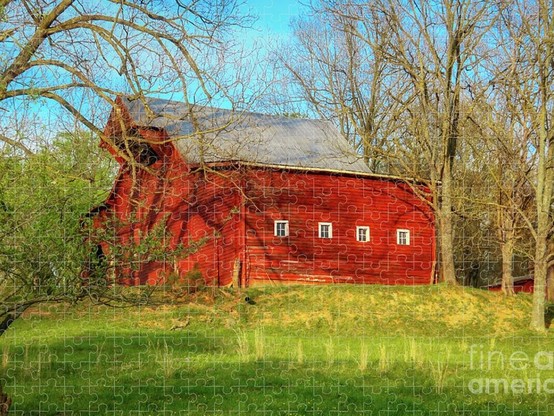 Jigsaw Puzzle, "Old Red Barn" in the Appalachians. Red barn, green grass, blue sky in spring. From the Fine Art Gallery of Shelia Hunt.