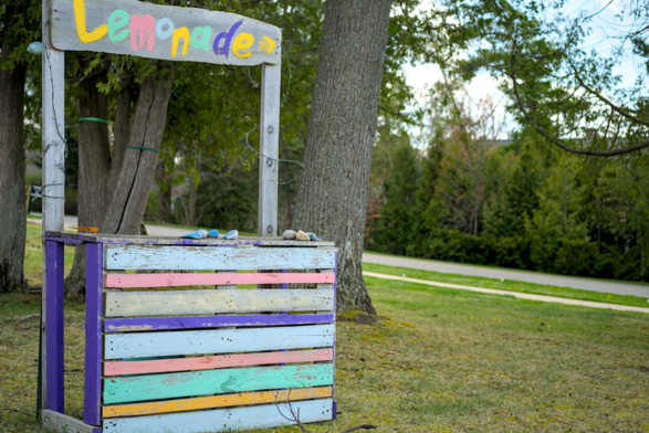 The photograph depicts a charming, homemade lemonade stand set up in a grassy area with trees and a road in the background. The stand is constructed from wooden planks painted in bright, pastel colors including pink, blue, yellow, green, and purple. The sign above the stand reads 