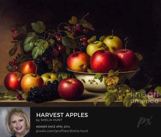 Red, yellow and green apples in a bowl on a table, with a few grapes, depicting the simple beauty of the natural world. Digital artwork by Shelia Hunt Photography.