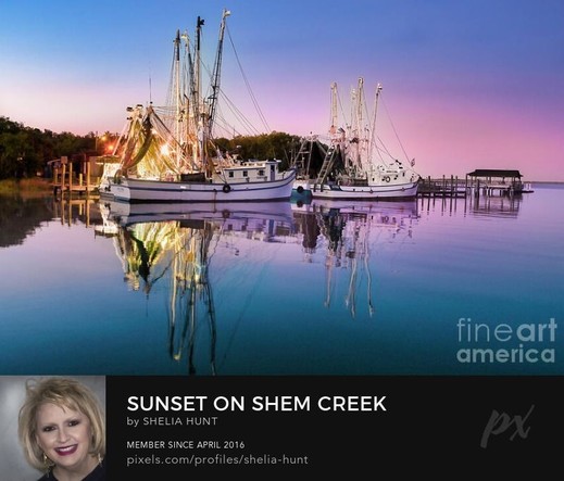 “Sunset on Shem Creek”...  We recently had the pleasure of visiting Shem Creek in Mount Pleasant, South Carolina. Strolling along the boardwalk on both sides of the waterway, we admired several charming shrimp boats dotting the picturesque waterfront. The last rays of sunset played beautifully on the water, with hues of blue, pink and orange.