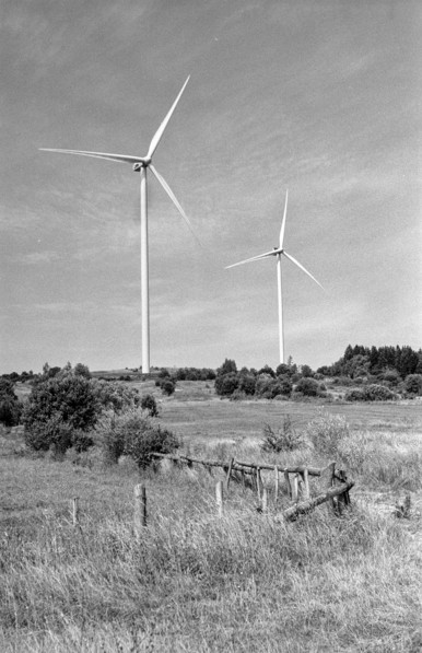 The image is a black-and-white photograph depicting a rural landscape with two large wind turbines prominently featured in the background. The turbines stand tall against the sky, their blades captured in a static position. The foreground includes a field of tall grass and scattered bushes, along with a rustic wooden fence in a state of disrepair. The scene appears calm and expansive, showcasing the juxtaposition of modern renewable energy technology with a natural, somewhat untouched environment.