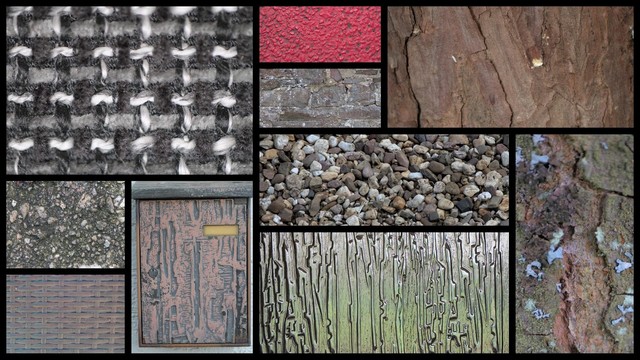Collage of texture photos: a black and white couch macro, red colored pavement, wood, stone wall, pebbles, more wood, cement, a metal mailbox, structured glass, camping chair