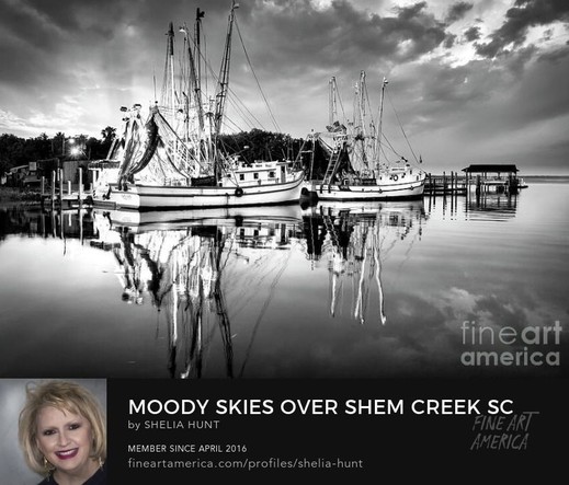 Black and white image: “Moody Skies over Shem Creek SC” showcases forboding skies over some beautiful shrimp boats docked at Shem Creek, SouthCarolina. The reflections in the water are stunning. From the Fine Art Gallery of Shelia Hunt at Shelia-hunt.pixels.com 