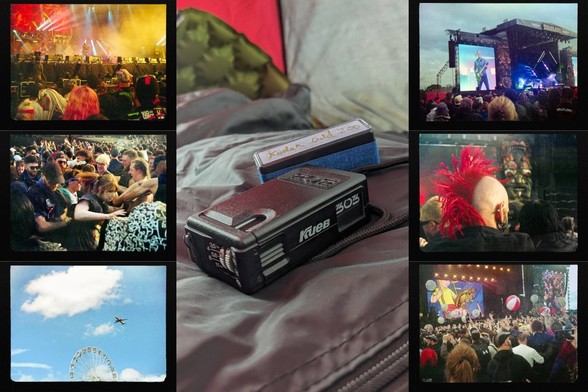 old film camera and 6 example photos of a music festival; stage with red lights, a crowd, a plane and Ferris wheel, a stage with guitarist on big screen, a man with a red mohawk, a crowd and inflatable beach balls