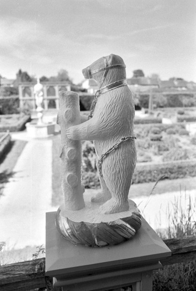 Bear with ragged staff, out of focus fountain in the left hand background. Black and white portrait format photo. SMC Pentax M 28mm f/2.