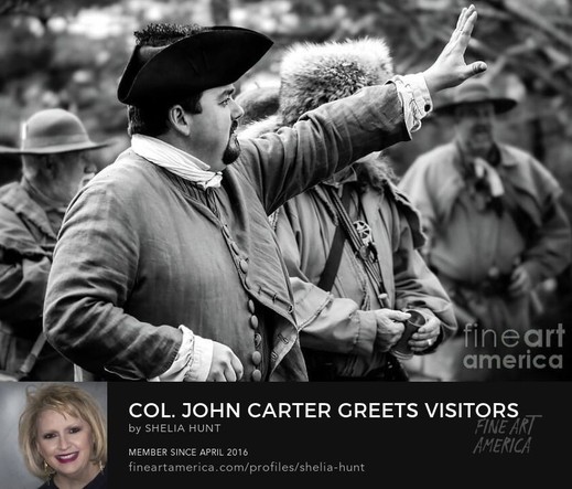 Black-and-white image of Col. John Carter (1737-1781), portrayed by reenactor and historian Chad Bogart, greeting visitors to a celebration at the Carter Mansion near Sycamore Shoals in Elizabethton, Tennessee. From the Fine Art Gallery of Shelia Hunt at Shelia-hunt.pixels.com