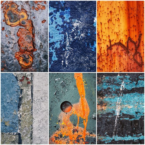 A compilation of six colour images of abstract 'found art' featuring mixed tones of blue and orange