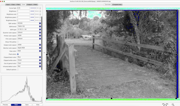 This is a screenshot of Vuescan Pro during a scan of a 135 roll of Ilford FP4+. You can ignore most of the stuff to the left; on the right is a photo of a footbridge with a small amount of sky above that VSPro has coloured in cyan to indicate "out of gamut" (NOT green which would indicate clipped highlights!). I think there's a blob or two of blue in the bushes indicating clipped blacks, presumably a bit of under-exposure on my part, though for this frame I don't think it matters.