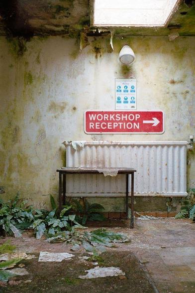 corridor with skylight. red sign "workshop entrance" and a HSE sign. table against the wall, ferns growing 