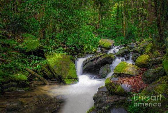 Scenic view of Roaring Fork Cascades in Great Smoky Mountains, East Tennessee. A digitally enhanced photograph resembling an oil painting on canvas, featuring lush greenery, flowing waterfalls, and a serene natural landscape perfect for nature photography and wall art. Image by Shelia Hunt Photography.