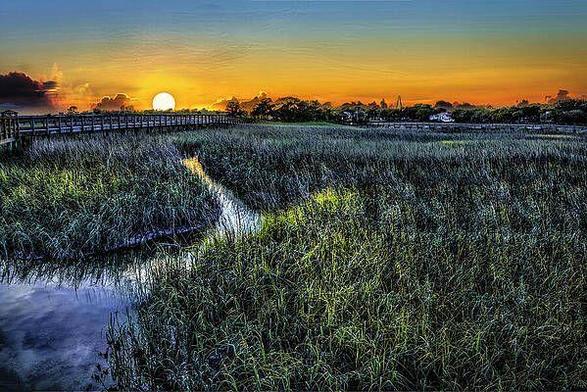 Breathtaking sunset over the marshes of Shem Creek, South Carolina. The sky is beautiful with colors of pink and orange set against the deep blue sky. This artwork is from the Fine Art Gallery of Shelia Hunt.