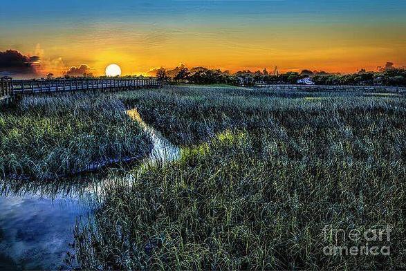 Breathtaking sunset over the marshes of Shem Creek, South Carolina. The sky is beautiful with colors of pink and orange set against the deep blue sky. This artwork is from the Fine Art Gallery of Shelia Hunt.