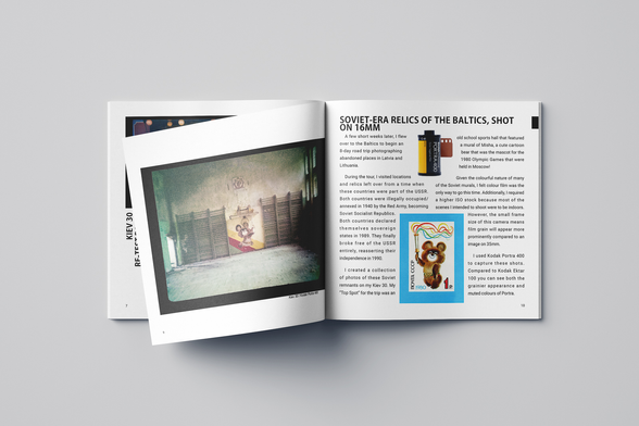 Inside magazine, sports hall with bear mural. Text article "soviet era relics of the baltics shot on 16m"
