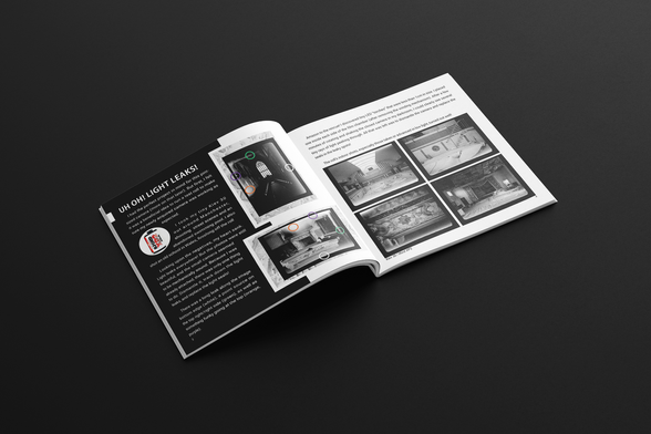 Inside magazine, showing photos of light leaks with circles to illustrate the areas. 4 photos of without light leaks, of a pool and old school