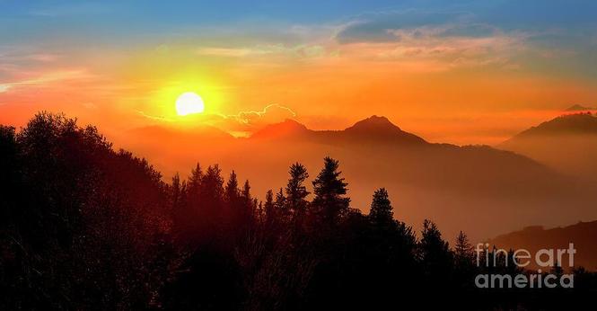 Sunrise over the Great Smoky Mountains, a stunning panoramic view in warm hues of yellow and gold with the silhouette of the mountains in the frame.  From the Fine Art Gallery of Shelia Hunt at Shelia-Hunt.pixels.com